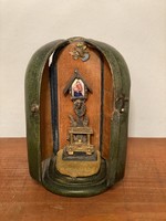 Rare collector's antique traveling home altar with enamel decoration, in a paper/leather case