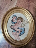 Tapestry, needlework, angel, Christmas in a putto frame