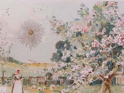 Old postcard 1899 postcard spring landscape with golden sun motif