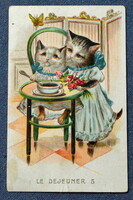 Antik grafikus üdvözlő litho képeslap kedves cicák  ruhában etetőszék virágcsokor