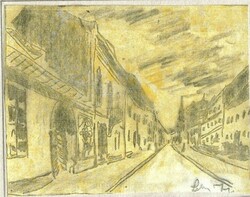 Úri utca, a budai várban - Lehoczky József - ceruzarajz, papíron, sárga akvarellel átlavírozva