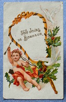 Antique embossed New Year's greeting card angel with arrow, doves with holly