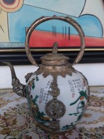 Ősi kínai tibeti ezüst -sárgaréz fogantyús teáskanna