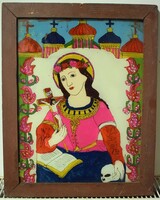 Antik festett erdélyi üveg kép ikon  35,5 x 44,5 cm magyar néprajz