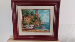 (K) beautiful Mediterranean painting, sea, harbor 42x37 cm with frame