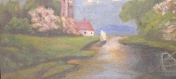 Antik vászon olaj festmény, tájkép 63cm x46 cm
