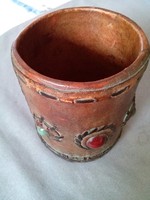 Vastag marhabőr pohár, tolltartó, csiszolt ásvány díszekkel 1970-80
