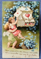 Antik dombornyomott  üdvözlő litho képeslap angyalkák postaláda szerelmes levél  nefelejcs