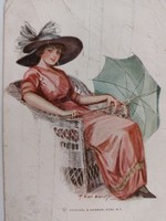 Old postcard art drawing postcard lady in hat with umbrella