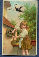Antik üdvözlő litho képeslap angyalkák kisleány létrán kosárba kiszedi a fecskefiókákat