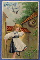 Antique embossed greeting litho postcard angels little girl on ladder in basket at swallow drawers
