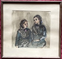 Tibor Gyurkovics-girls in dark clothes-watercolor /from 1954/