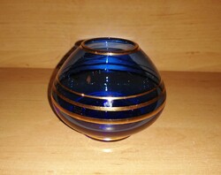 Arany csíkos kék színű üveg váza 7 cm magas (20/d)