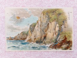 Old postcard 1899 postcard rocky beach golden sun motif