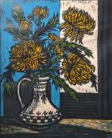 Éva Krajcsovics: chrysanthemums (linocut, 1983, full size 66x52) still life, flower in a vase