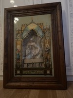 Large homemade altar porcelain statue in a wooden frame lined with silk.