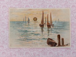Old postcard 1899 postcard sea ship golden sun motif