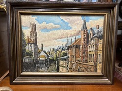 Bruges cityscape - framed, Flemish oil painting