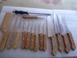 Serious knife set of 15 pieces + knife storage with old traditional wooden handle