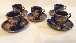 5 Cobalt blue coffee cups with golden pheasants, with a small plate