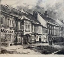 Ferenc Bordás: country house street - etching