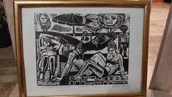 ((K) János Józsa woodcut with Hajdúszoboszló 26x20 cm frame