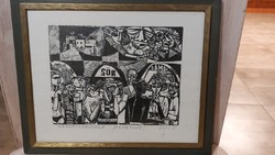 (K) János Józsa woodcut Hajdúszoboszló 29x24 cm with frame