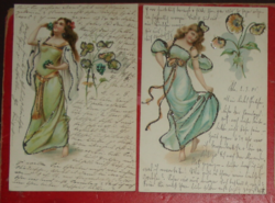 2 rátétes hölgy képeslap, art nouveau, litho