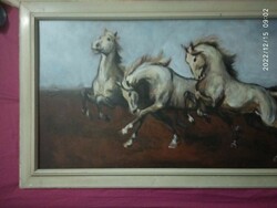 Nagy méretű régi lovas kép, vágtató lovak, fehér paripák