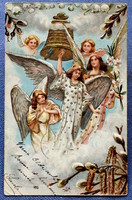 Antik dombornyomott litho képeslap harangozó  angyalok barkaág liliom