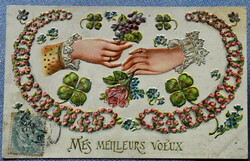 Antique embossed greeting litho postcard hands holding out flowers rosary 4 leaf clover