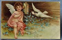 Antik dombornyomott üdvözlő litho képeslap angyalka telefonozik galamb szerelmes levél
