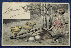 Antik Húsvéti üdvözlő litho képeslap   angyalka csibékkel egyensúlyoz  tojások