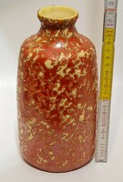 Tófej, fröcskölt fehér mázfoltos, narancssárga mázas, keskeny szájú, henger kerámia váza (2519)