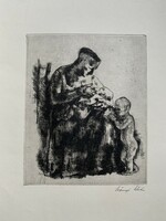 Szőnyi István (1894-1960) Anya gyermekeivel című rézkarca /20,5x16,5 cm/