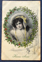 Antik MM Vienne Wichera Újévi grafikus  üdvözlő képeslap kisleány portré fagyöngy keretben téli táj