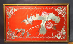 Chinese folk art embroidery with birds and flowers - size with frame 62 x 38 cm - embroidered wall picture