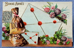 Antik dombornyomott Újévi üdvözlő litho képeslap boríték pénzeszsák 4levelű lóhere