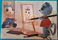 Fairytale character postcard, baby doll and cat mica doll figure - Sándor Lévai, 1966