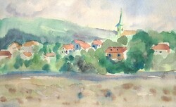 Village view with church tower (with frame 57x47 cm) watercolor - cityscape, street view - Austrian, Austria?