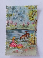 Old postcard spring landscape postcard little girl fawn blue