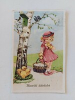 Régi húsvéti képeslap levelezőlap kislány csibék madarak