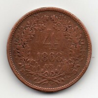 Magyarország 4 magyar krajcár, 1868 KB, ritka