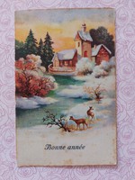 Old Christmas postcard postcard stream deer snowy landscape