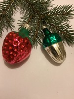 Régi üveg eper és makk karácsonyfadíszek