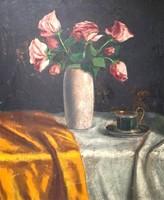 Still life with roses and cup (old oil painting) with mine sign - table still life