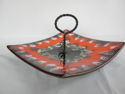 Retro glazed ceramic bowl with wrought iron tongs, colorful pattern 26x14 cm
