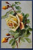 Antik Katharina Klein üdvözlő litho művész képeslap sárga rózsa