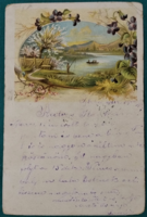 Antique greeting card, postcard, landscape in a violet wreath, 1900