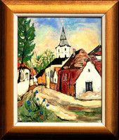 Fehér Margit: Falusi idill - tűzzománc - keretezve 32x27cm - alkotás 25x20cm - 22/114